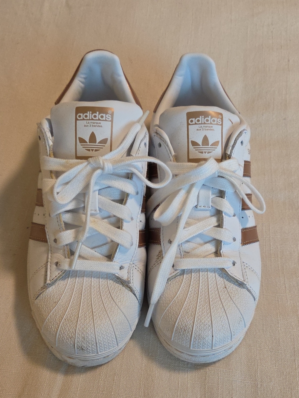 adidas White Sneakers with Brown Stripes and Shell Toe
